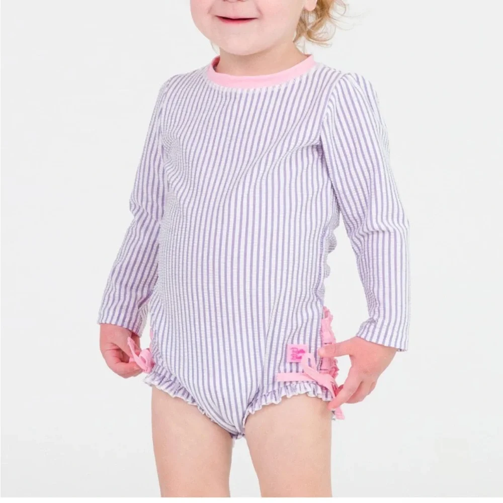 Baby Girl’s RuffleButts Seersucker Long Sleeve Rash Guard One Piece Lavender